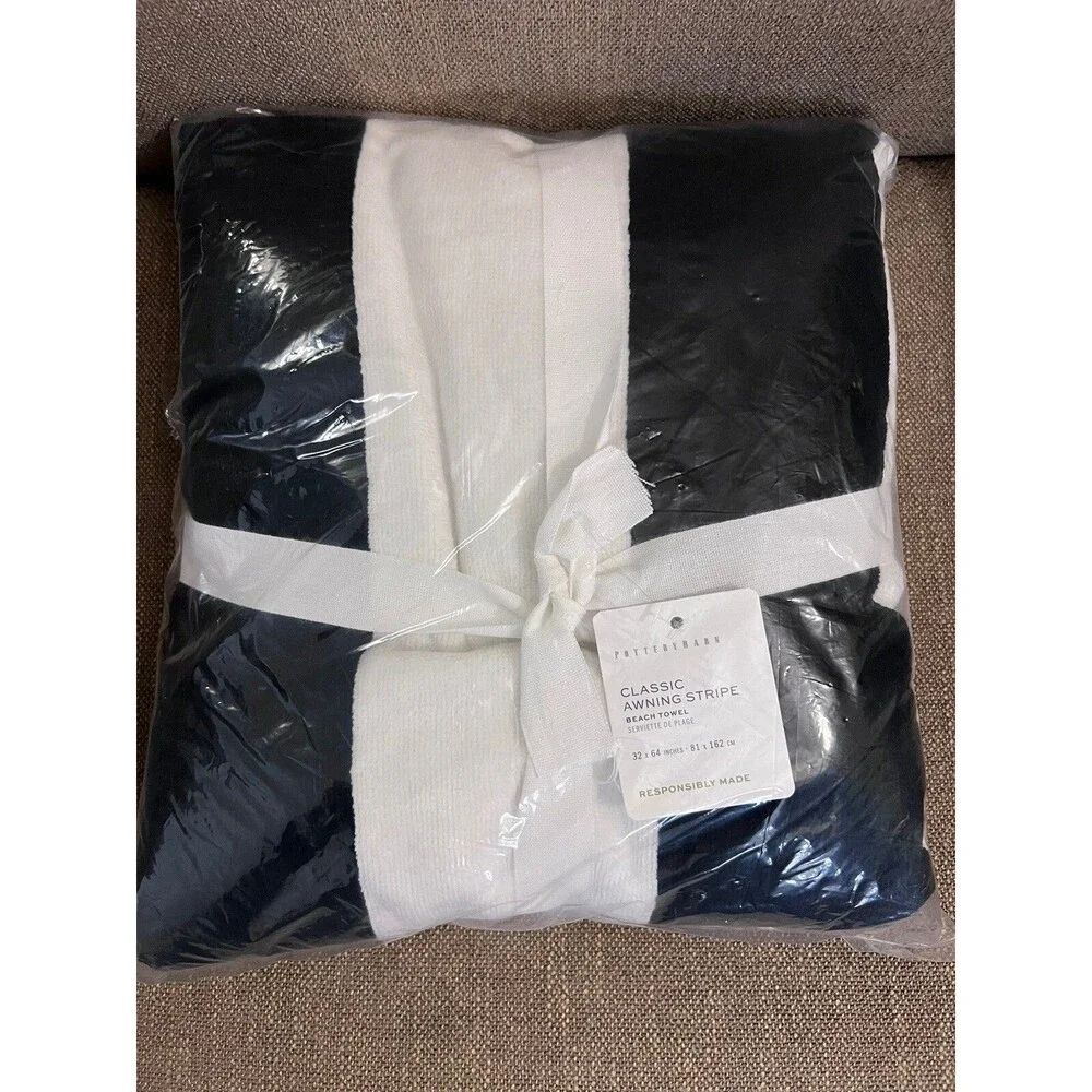 Pottery Barn Reversible Awning Striped Pool Towel Black 32